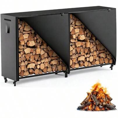 Estantería para leña de 8 pies con cubierta, soporte de almacenamiento de madera de metal cuadrado de alta resistencia, para uso interior/exterior