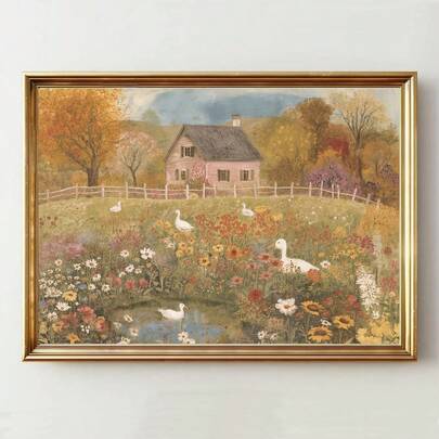 1 pieza Enmarcado/Sin marco Cabaña de campo con patos Arte popular Cartel de lienzo Paisaje otoñal sombrío Impresión de arte de pared rústico Decoración de granja Cottagecore Pintura acogedora para apartamento, sala de estar, dormitorio, decoración del hogar moderna