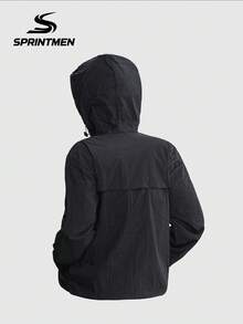 1 pieza Chaqueta con capucha ligera negra para hombres, diseño minimalista todo negro, estilo deportivo de novio, adecuada para senderismo, camping, pesca, uso diario casual - Negro - Ver 6