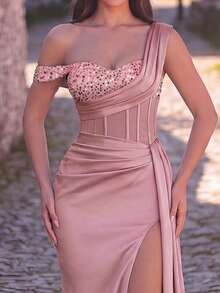 Faeriesty Vestido elegante de boda con cuello asimétrico, abertura larga, contraste de lentejuelas y busto fruncido con ballenas - Rosa vieja - Ver 5