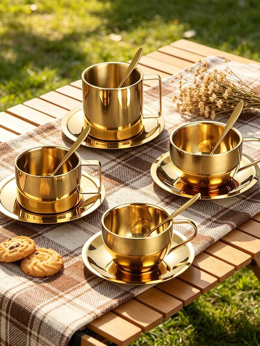 304 Stainless Steel Double-Wall Coffee Cup Set, Insulated Latte Cup And Saucer Set, European Minimalist Ins Style Water Cup - Gold - View 1