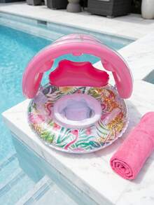 1 pieza Flotador inflable con estampado de flamenco rosa y toldo para niños, esencial para fiestas de playa y piscina en verano - Multicolor - Ver 6