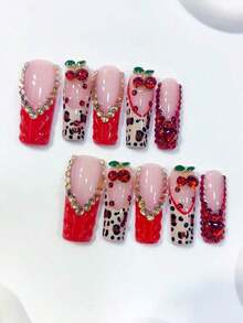10pcs Y2K Style Extra Long Coffin Shaped Red & Nude Handmade Nail Stickers, With Leopard Print, Luxury Red Rhinestone Decor And 3D Cherry Decor; Suitable For Party, Daily Wear, Wedding; Great Gift For Women & Girls; Includes 1 Glue Sticker And 1 Mini Nail File Press On Nails - 粉色 - 查看 8