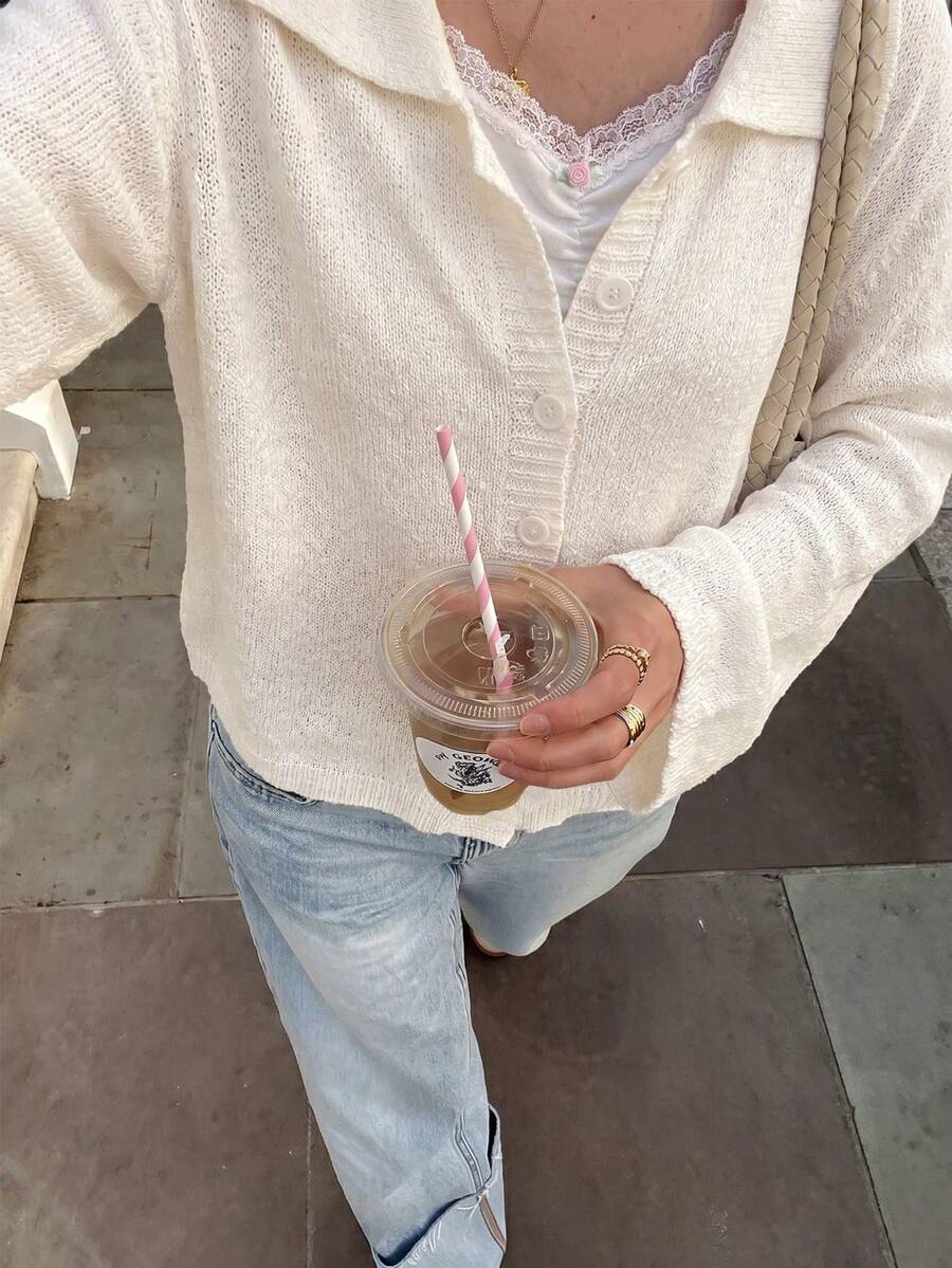 Nuevo cárdigan de punto texturizado blanco para mujer de YEYUAN con cuello, mangas acampanadas, corte holgado, decoración de botones blancos, adecuado para uso casual, viajes, citas, y uso diario versátil - Blanco - Ver 1