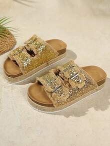 Women's New Thick Sole Slide Sandals, Bohemian Style Versatile Beach Shoes, Fashionable Tassel Vacation Casual Slippers For Summer - Gold - View 6