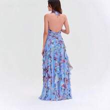 Women's Boho Floral Chiffon A-Line Long Dress With Halter Neck, Sleeveless And Flared Hem, Perfect For Formal Occasions - Blue - View 2