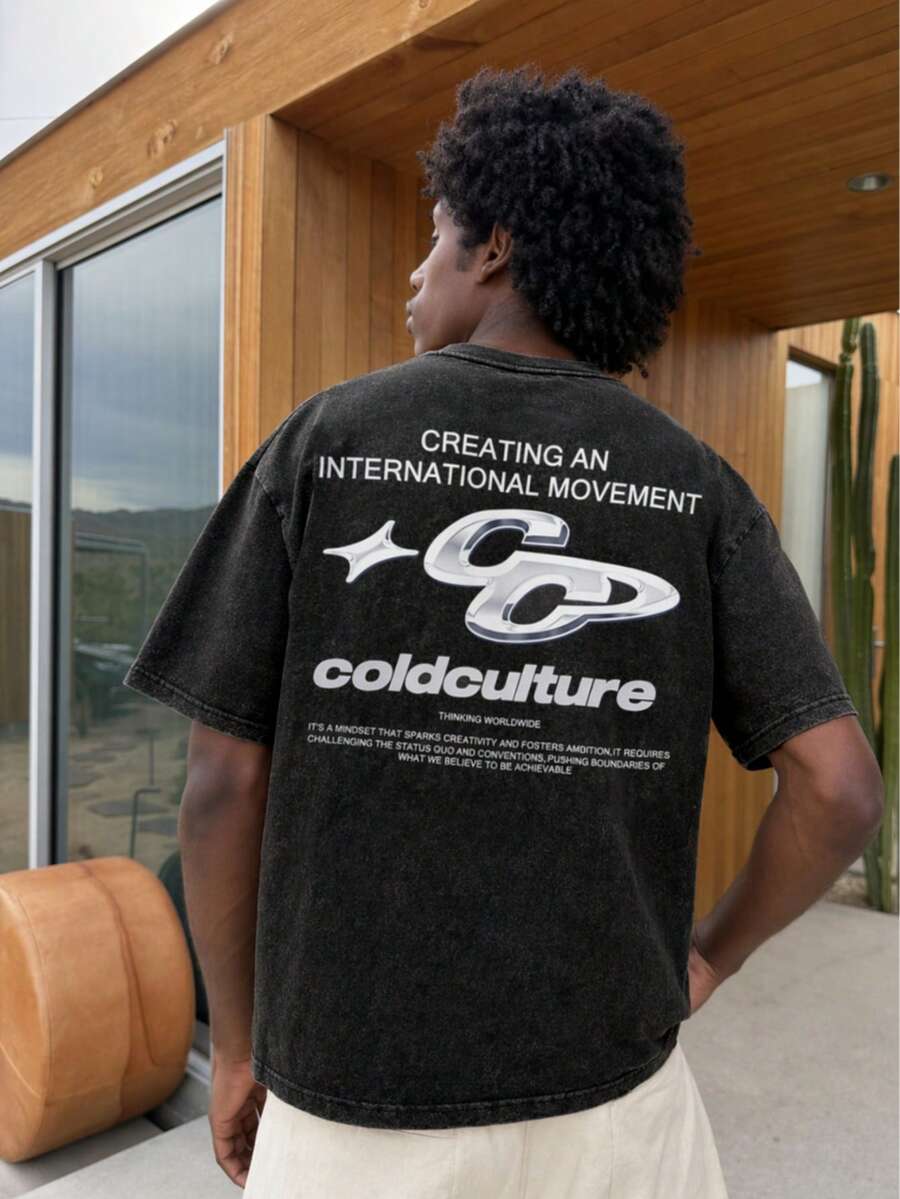 OVDY 男女皆宜的复古街头风 Y2K 金属印花宽松 T 恤，音乐节水洗 T 恤 - 黑色 - 查看 1