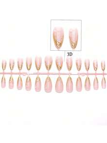 24-Piece French 3D Embossed Gold-Plated Almond-Shaped Rhinestone And Pearl Wearable Nails, Used To Enhance Your Style And Temperament, Suitable For Girls For Dating, Daily Life, And Holiday Parties. Press-On Fake Nail Patches Include 1 Piece Of Jelly Gel And 1 Nail File. - Gold - View 4