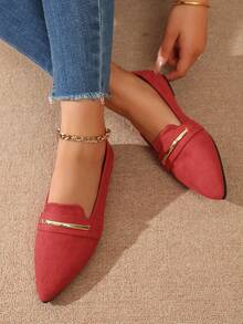 Giày lười nữ mũi nhọn đính kim loại, giày lười da lộn thanh lịch, thoải mái, thích hợp cho công sở và mặc hàng ngày. - Đỏ - Xem 6