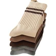 1/5 Pairs Brown Double Stripe Mid-Calf Socks, Comfortable Casual Versatile Women's Men's Socks, Suitable For All Seasons - Multicolor - View 5