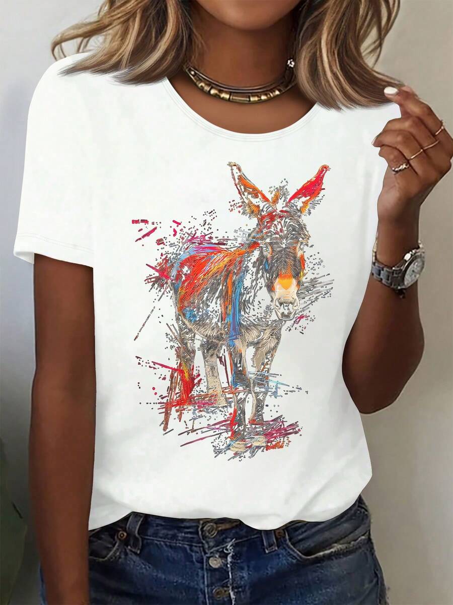 100% Lightweight Donkey Print T-Shirt - Black With Multi-Color Splash And White Donkey Graphic, Casual Summer Short Sleeve Crew Neck Tee, Soft And Stretchy Fabric For Casual Wear, Beach Outfit, Party - Ideal Gift Idea-X