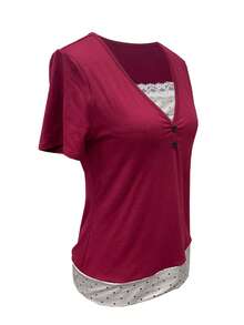 Women's Casual Commuter Colorblock Lace Button Short Sleeve Fitted T-Shirt, Summer - Burgundy - View 3