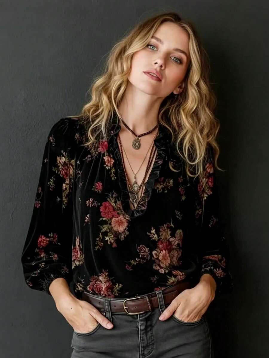 Women's Loose Velvet Blouse, Floral Velvet Pullover, Ruffle Collar, Elastic Hem, Elegant & Fashionable, Versatile & Minimalist, Comfortable For Casual & Work Wear, New Arrival For Early Autumn Vacation Spring Black