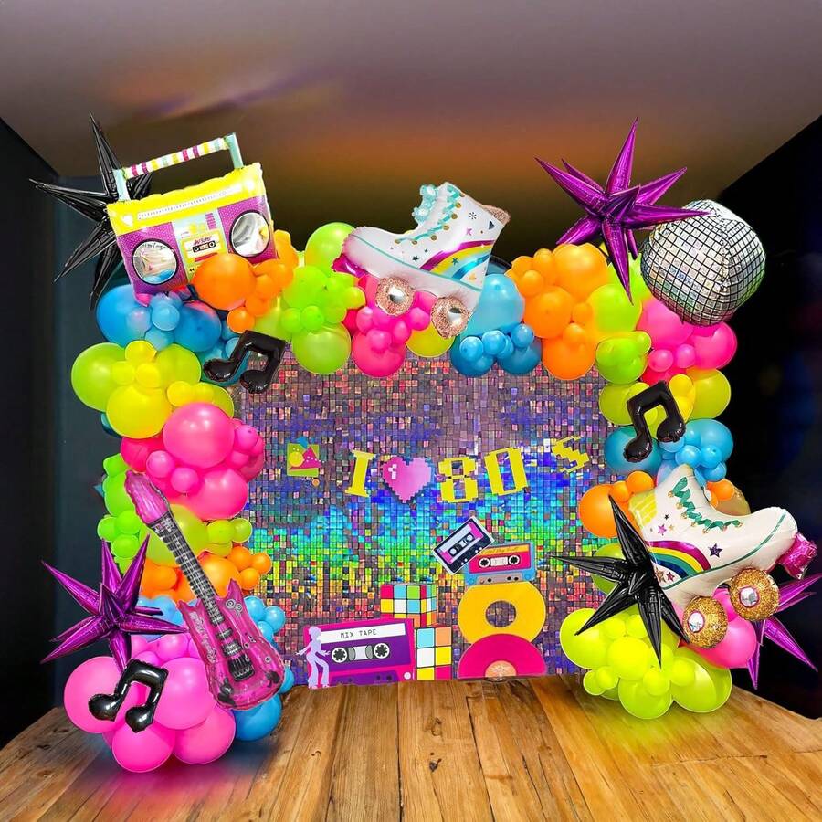 80s Music-Themed Balloon Arch Set, 137 Balloons, Including Foil Balloons Resembling Guitars, Disco Balls, And Musical Notes. Suitable For 80s And 90s Disco-Themed Birthday Parties, Proms, Bachelor/Bachelorette Parties, Masquerade Parties, And 2026 Graduation Decorations. - View 1