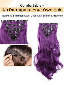 Extensiones de cabello ondulado de 20 pulgadas, 7 piezas/set, piezas de cabello con borde grueso, diseño de clip invisible, fibra sintética suave, color púrpura, solo para mujeres - Multicolor - Ver 5