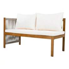 Conjunto de muebles de jardín, sofá esquinero + mesa de centro, estructura de madera de acacia, tablero de mesa de madera de acacia, elaboración artesanal con cuerda trenzada, apto para jardín, color beige. - Beis - Ver 6