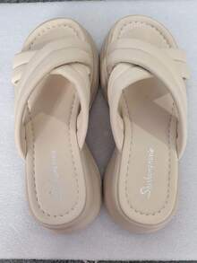 Sandalias de playa de mujer de unicolor de piel de PU con tiras cruzadas, para primavera/verano - Beis - Ver 2