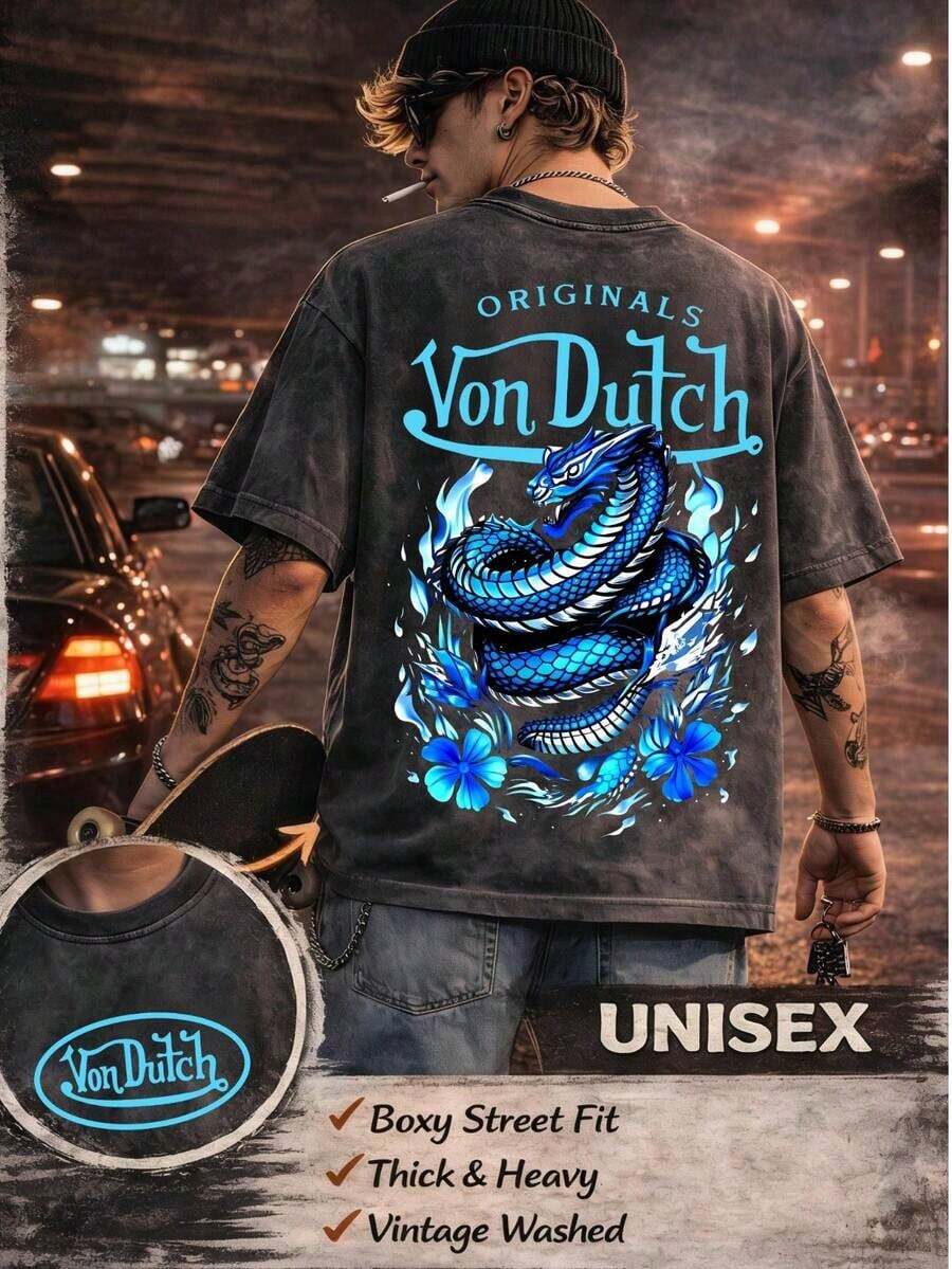 1pc,2026 Summer,Y2K Tee,Men Washed Cotton Streetwear Brand Originals Vons Dutchs Snake And Clover Print Casual Tee For Daily Wear Outdoors | Front And Back Print | Vintage Heavyweight T Shirt | Perfect Gift | Loose Comfortable Breathable | Machine Washable Fabric | Hip Hop Cool Style | Drippy Clothes - Đen 10 - Xem 1