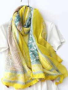 佩斯利花纹简约优雅丝巾，时尚女士真丝围巾，色彩鲜艳的印花大披肩，波西米亚风沙滩披肩，亚麻质感女士披肩，春夏款 - 彩色 - 查看 1