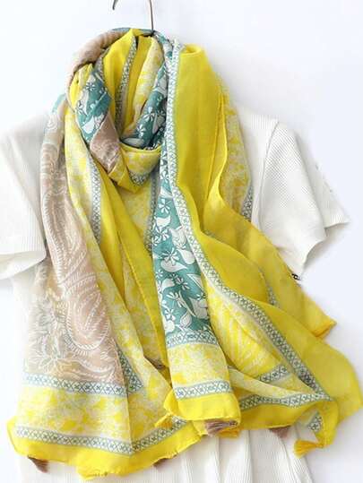 佩斯利花纹简约优雅丝巾，时尚女士真丝围巾，色彩鲜艳的印花大披肩，波西米亚风沙滩披肩，亚麻质感女士披肩，春夏款