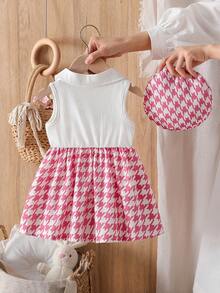 2pcs/Set Summer Baby Girls Cute Houndstooth Print V-Neck Sleeveless Dress & Accessory Hat - Pink - View 2