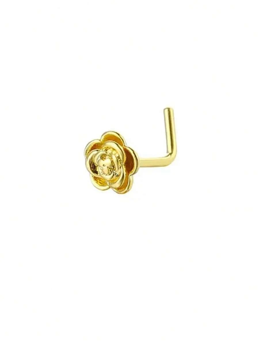 1 chiếc khuyên mũi hình hoa đính đá Cubic Zirconia mạ vàng, kiểu dáng chữ L dễ thương, trang sức xỏ khuyên mũi cho nữ. - Vàng - Xem 1