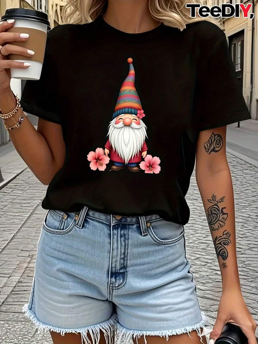 Teediy Women's Short Sleeve T-Shirt - Cute Gnome And Hibiscus Flower Print, Casual Slim Fit Summer Top With Pink And Green Hawaiian Shirt-Like Design, Round Neck And Cropped Length For Beach Outfit, Party And Casual Wear (Machine Washable)-X - Black - View 1
