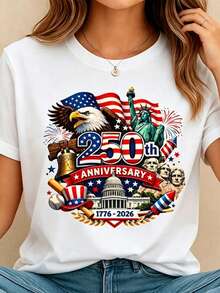 Women's Crew Neck Summer Tee USA 250th Anniversary Patriotic Print Regular Fit Top Perfect For National Celebrations & Daily Casual Wear & Leisure Outings - 白色 - 查看 2