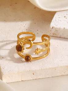 1pc 18K Gold Plated Stainless Steel Star & Moon Ring, Suitable For Women's Daily Wear, Party, Holiday Gift - Multicolor - View 5