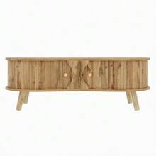 Pea-Shaped Coffee Table With Grooved Design, 2 Sliding Doors, Living Room Table, Wood Look, Solid Wood Legs, MDF Material - Maroon - View 12