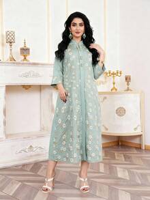 Vestido verde elegante y tradicional de estilo Ramadán 2026 con decoración floral metálica bordada, bata Jalabia de cuello en V, grácil y fresca - Verde - Ver 3