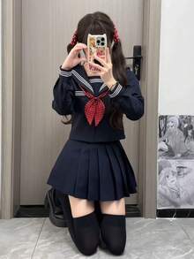 2026 年新作 オリジナル日系 JK セーラー服 三本ライン関西襟 校供感 水玉リボン付き 上下 2 点セット レディース  キュート  カジュアル  パーティー    タッセル - 紺色の長袖トップス+赤いネクタイ+紺色のスカート - チェックする 6