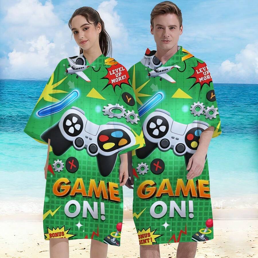 1件游戏玩家“GAME ON”字母速干印花连帽浴巾斗篷 - 成人涤纶连帽沙滩浴袍 - 连帽沙滩巾斗篷 - 速干、高吸水性、轻便易携，是游泳和送礼的理想之选 - 柔软舒适的浴巾斗篷，多功能沙滩巾，沙滩必备，旅行配件