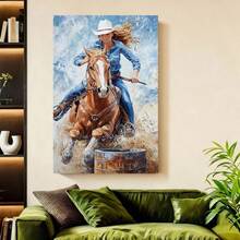 Con marco 1 Póster de Carrera de Barriles Vaquera Occidental - Escena Llena de Acción, Moderno para Decoración de Rancho en Sala, Dormitorio u Oficina - Arte Rodeo Detallado, Regalo Ideal para Aficionados al Equitación y Deportes del Oeste - Enmarcado - Ver 2