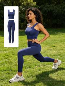 Conjunto básico de yoga New Peach, conjunto de ejercicios de intensidad media, a prueba de golpes y con buen soporte, conjunto de dos piezas para correr en interiores y hacer ejercicio. - Azul - Ver 1