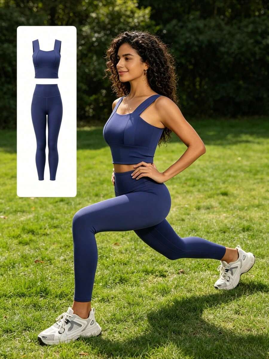 Conjunto básico de yoga New Peach, conjunto de ejercicios de intensidad media, a prueba de golpes y con buen soporte, conjunto de dos piezas para correr en interiores y hacer ejercicio. - Azul - Ver 1