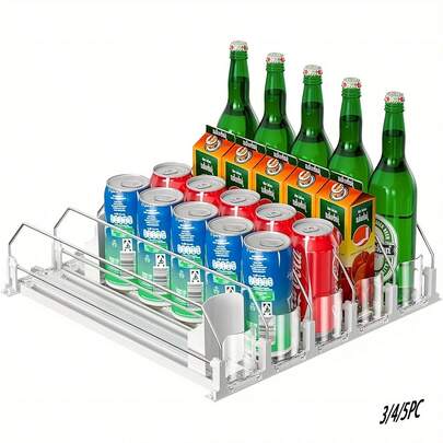  TUMATICLY 3/4/5PCS Beverage Water Bottle Organizer, Can Storage, Soda, Juice, Mineral Water Fridge Organizer, Water Bottle Storage Organizer, Self-Push Fridge Storage Box With Sliding Pusher, Adjustable Width