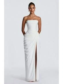 2026 New Asymmetrical Pleated High Slit French Romantic Strapless Dress Sexy Elegant Evening Party Dress - Màu xanh đậm - Xem 9