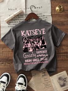 Tween Girls Casual Printed Round Neck Short Sleeve T-Shirt, Summer Top - Dark Grey - View 3