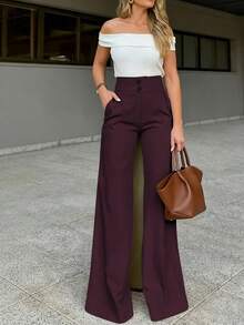 New Women's Commuting Casual Versatile Solid Color Elegant High Waist Wide Leg Pants, Daily Wear Spring - Burgundy - View 4