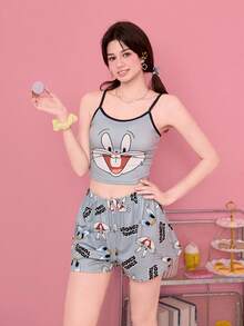Noctvar OBM Sleepwear X LOONEY TUNES Bộ đồ ngủ gồm áo hai dây và quần short in hình hoạt hình chó Bulldog Mỹ cổ điển, phối màu tương phản, đồ ngủ ngọt ngào và thoải mái dành cho nữ. - Nhiều màu - Xem 4
