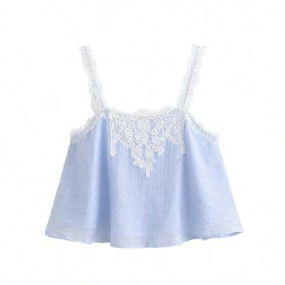 ZAHM Áo camisole rộng rãi phối ren tương phản thời trang nữ