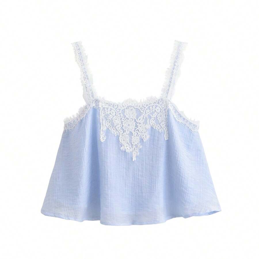 ZAHM Áo camisole rộng rãi phối ren tương phản thời trang nữ