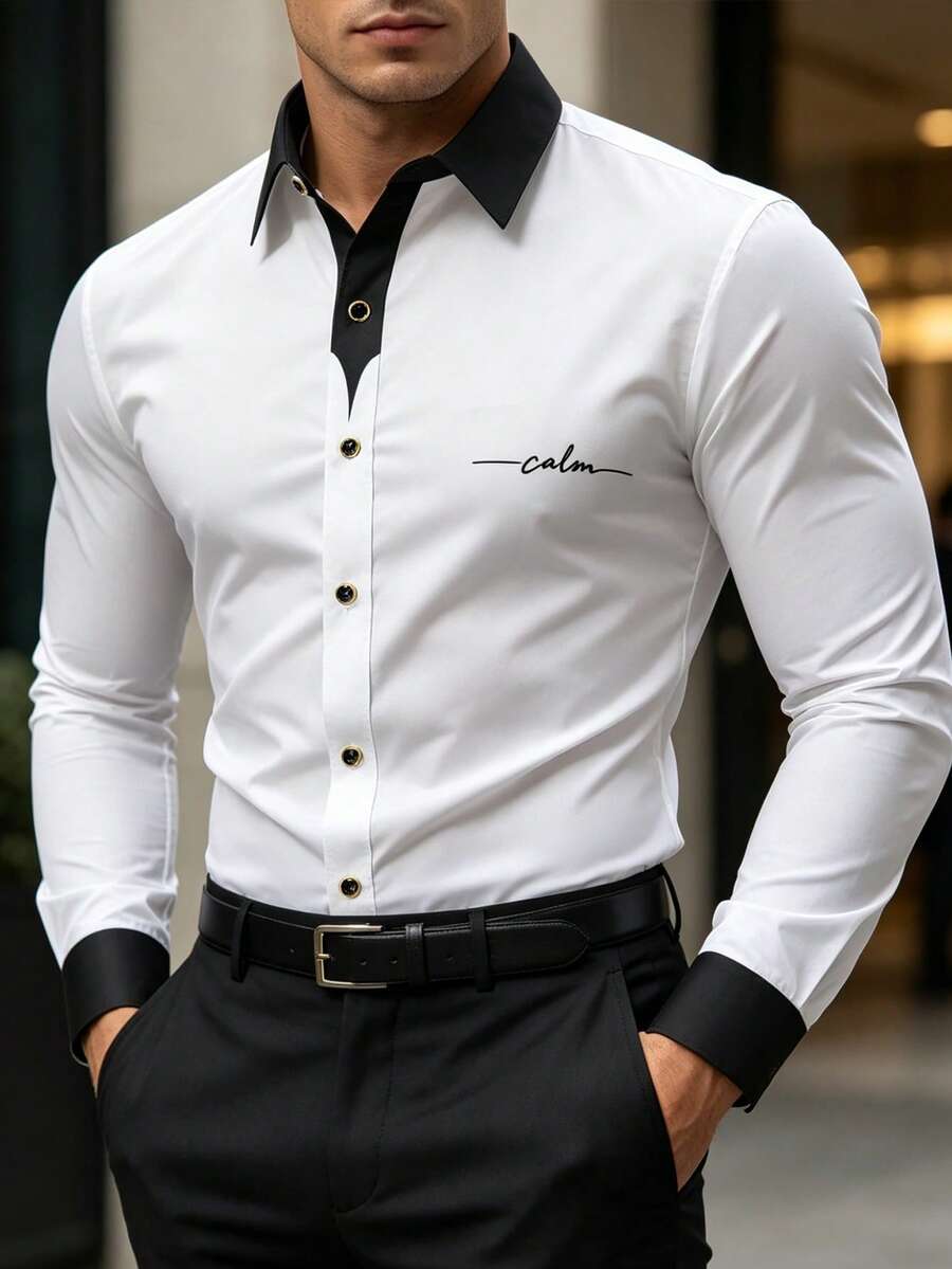 2026 Spring Men's White Long Sleeve Shirt, Black Contrast Collar & Cuff, Calm Print Business Commuter Shirt - White - View 1