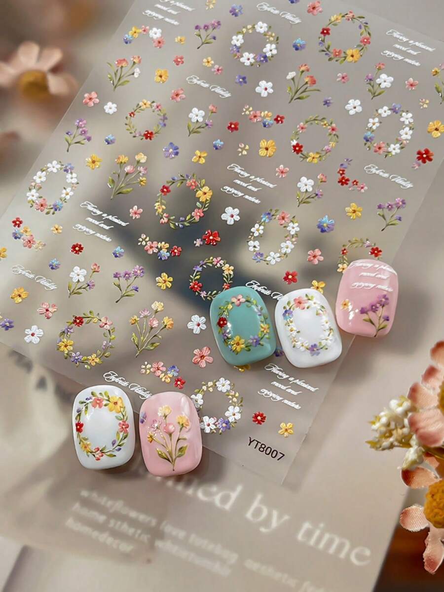 1片5D立体浮雕春季彩色花卉美甲贴纸,可爱小花环自粘美甲贴花装饰配件,按压式美甲DIY用品,适合女性和女孩美甲 - 彩色 - 查看 1