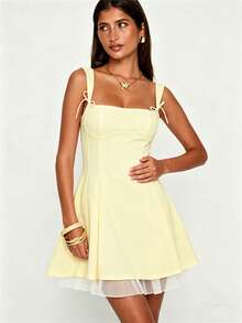 Women's Flower Embroidery Boho Mini Dress Backless Self-Tie Bowknot Square Neck Wide Straps Ruffle Mini Dresses Sleeveless Summer Vacation Short A-Line Dress - 黃色 - 查看 2