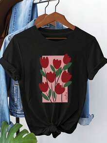 Women's Casual Red Tulip Print T-Shirt, Short Sleeve, Round Neck, Lightweight, Spring/Summer Collection, Lively Cartoon Design, Shiny Texture, For Everyday Use - 黑色 - 查看 6