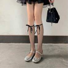 1 Pair White Bow Tie Fishnet Socks, Women's Spring/Summer Lace-Up Knee High Mesh Stockings - Multicolor - View 6