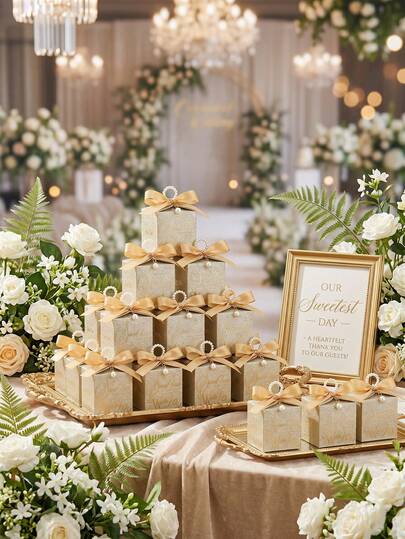 Bộ 10 hộp quà cưới lấp lánh màu vàng sang trọng, hộp đựng kẹo hình khối lập phương bằng giấy màu vàng sâm panh, hộp quà lưu niệm kiểu dáng duyên dáng với tay cầm đính ngọc trai, hộp quà tặng tiệc cưới lãng mạn quyến rũ, quà tặng tri ân khách mời, hộp kỷ niệm nữ tính tinh tế dành cho cô dâu hiện đại, quà tặng lý tưởng cho tiệc cưới dành cho cô dâu hiện đại và những người lên kế hoạch tiệc tùng có gu thẩm mỹ cao.