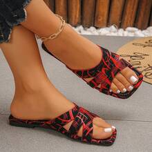 Summer New Colorful Printed Square Toe Sandals Women, Hollow Criss-Cross Strap Flat Slippers, Casual Vacation Beach Flip Flops - Black and Red - View 6